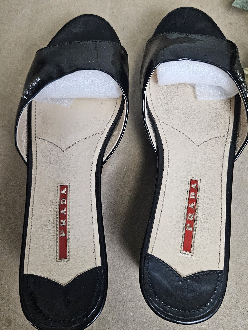 PRADA Slide Sandals Black Patent Leather Wedge Logo Women's Size 7